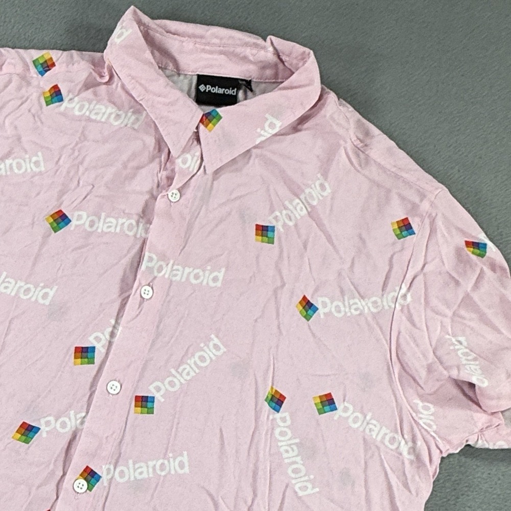 Polaroid Logo Collared Short Sleeve Button Shirt Men's Large Pink Photo